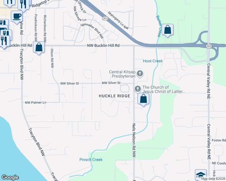 map of restaurants, bars, coffee shops, grocery stores, and more near 9120 Kristi Court Northwest in Bremerton