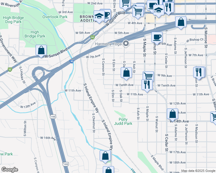 map of restaurants, bars, coffee shops, grocery stores, and more near 1915 West Tenth Avenue in Spokane