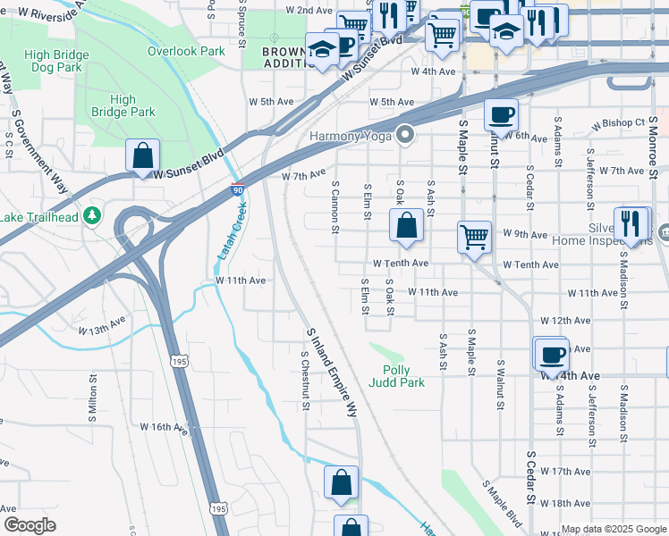 map of restaurants, bars, coffee shops, grocery stores, and more near 2003 West Tenth Avenue in Spokane