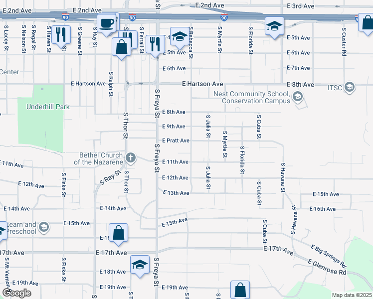 map of restaurants, bars, coffee shops, grocery stores, and more near 1016 South Rebecca Street in Spokane