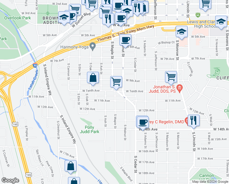 map of restaurants, bars, coffee shops, grocery stores, and more near 1523 West Tenth Avenue in Spokane