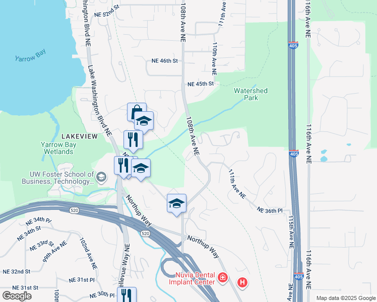map of restaurants, bars, coffee shops, grocery stores, and more near 3929 108th Avenue Northeast in Bellevue