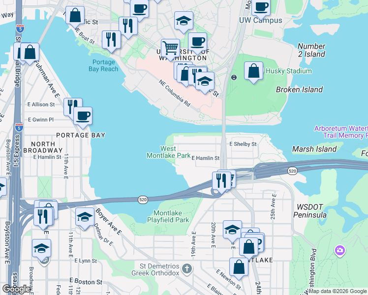 map of restaurants, bars, coffee shops, grocery stores, and more near 2810 West Park Drive East in Seattle