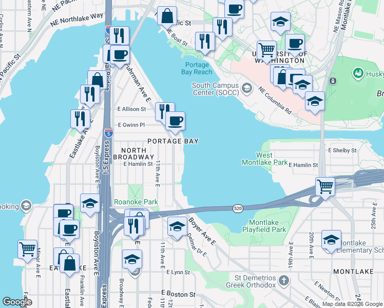 map of restaurants, bars, coffee shops, grocery stores, and more near 2818 Boyer Avenue East in Seattle