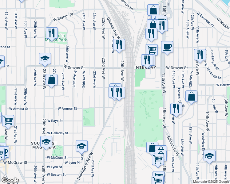 map of restaurants, bars, coffee shops, grocery stores, and more near 2837 21st Avenue West in Seattle