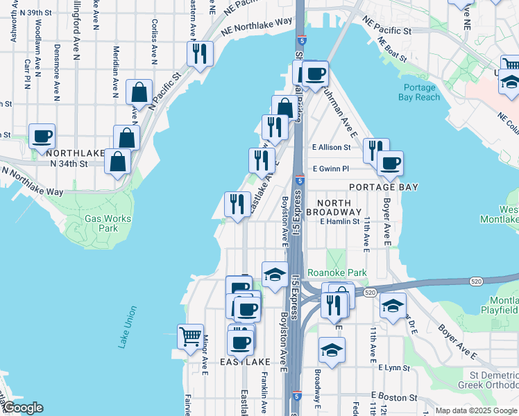 map of restaurants, bars, coffee shops, grocery stores, and more near 2810 Eastlake Avenue East in Seattle