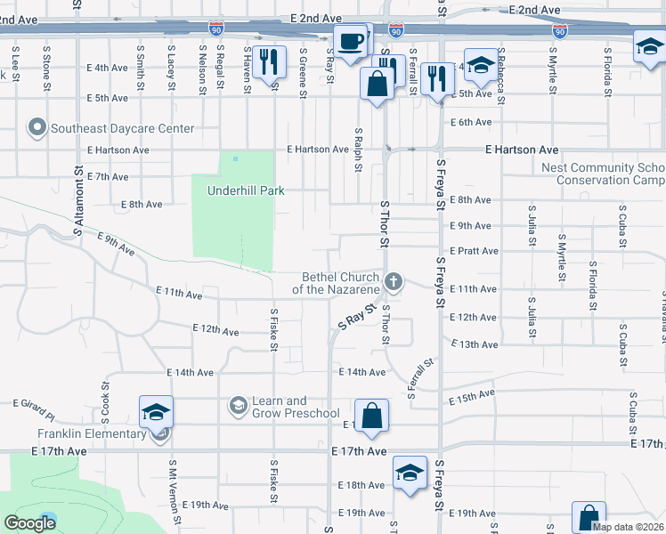 map of restaurants, bars, coffee shops, grocery stores, and more near 3205 East Hills Court in Spokane