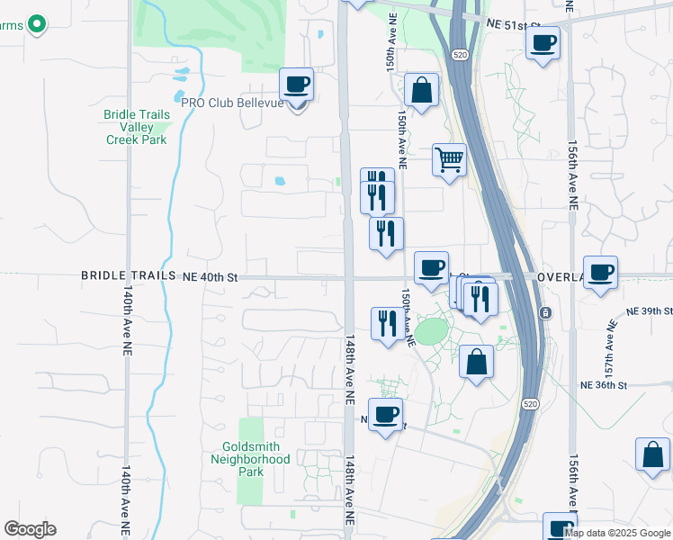 map of restaurants, bars, coffee shops, grocery stores, and more near 14710 Northeast 40th Street in Bellevue