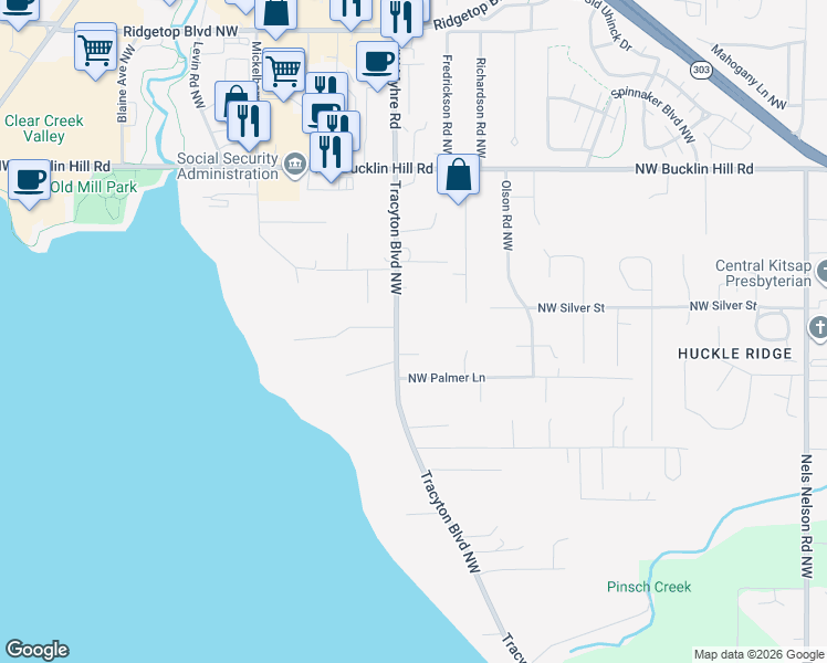 map of restaurants, bars, coffee shops, grocery stores, and more near 9102 Tracyton Boulevard Northwest in Bremerton