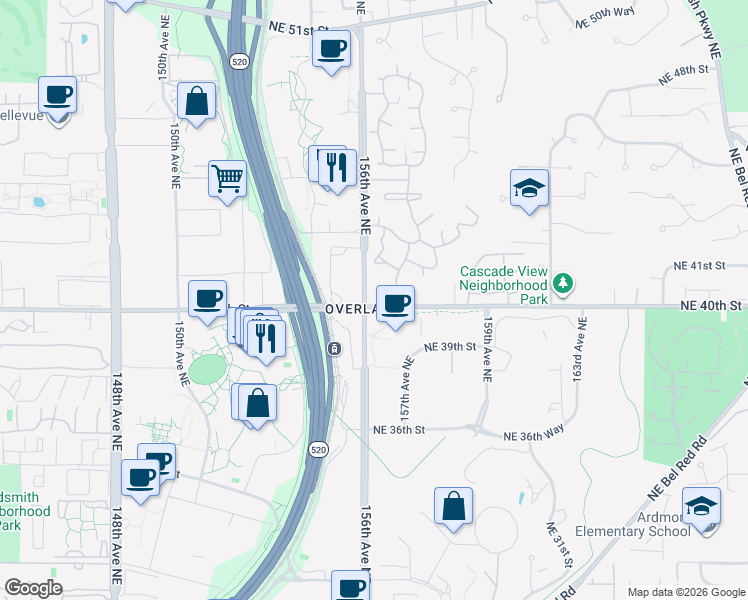 map of restaurants, bars, coffee shops, grocery stores, and more near in Redmond