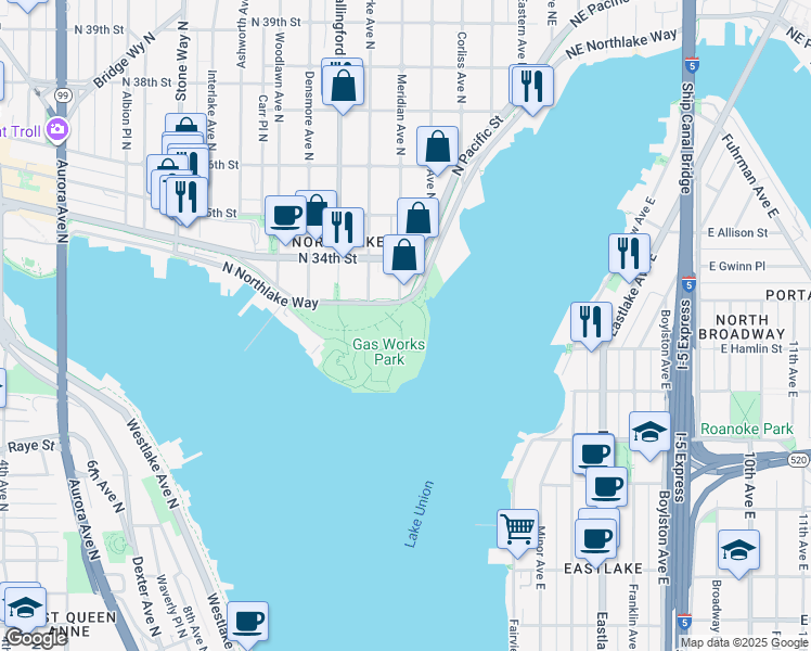 map of restaurants, bars, coffee shops, grocery stores, and more near 2101 North Northlake Way in Seattle