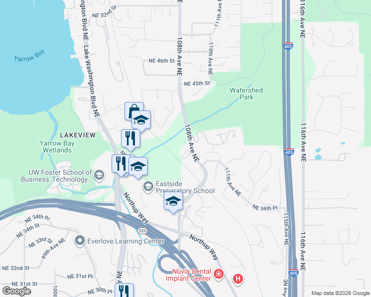 map of restaurants, bars, coffee shops, grocery stores, and more near 3929 108th Avenue Northeast in Bellevue
