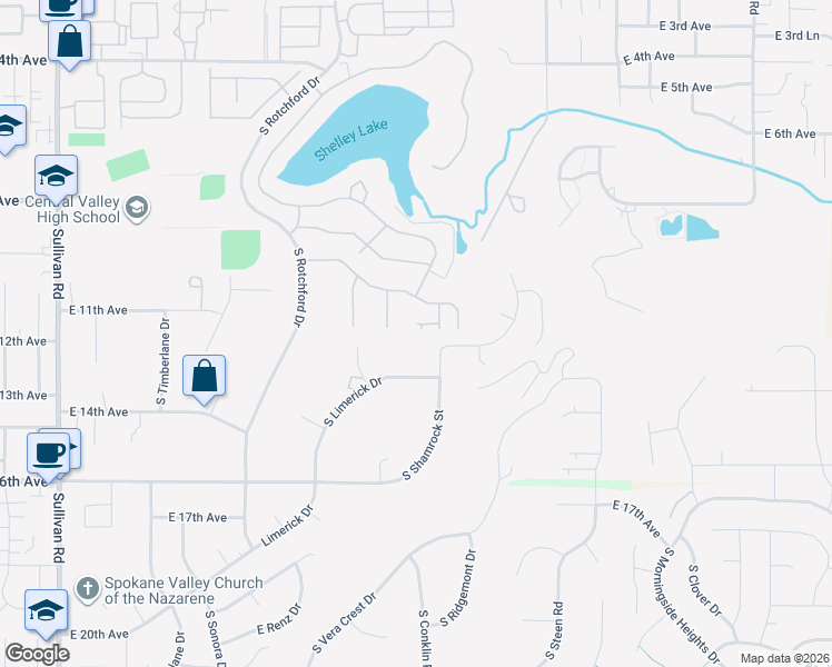 map of restaurants, bars, coffee shops, grocery stores, and more near 16512 East 11th Avenue in Spokane Valley