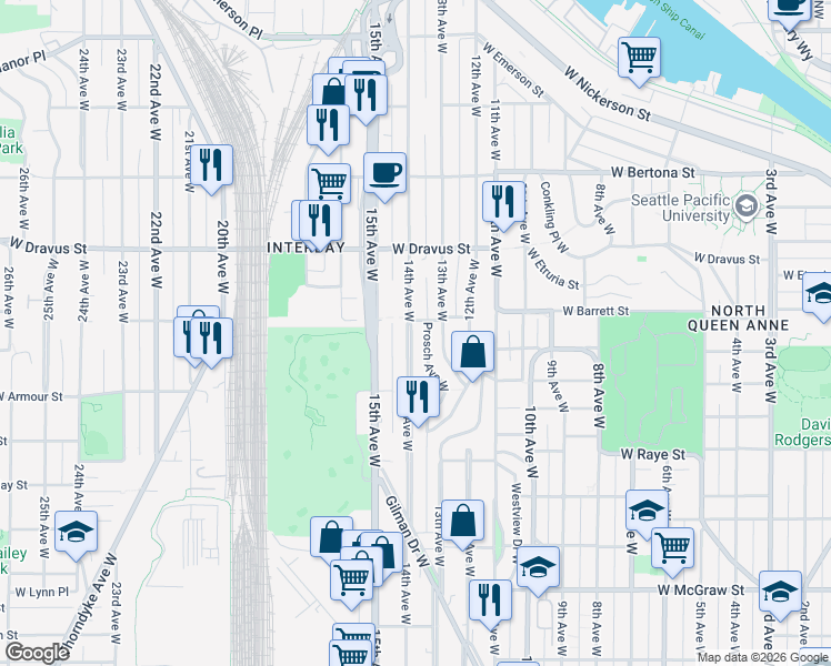 map of restaurants, bars, coffee shops, grocery stores, and more near 2850 14th Avenue West in Seattle