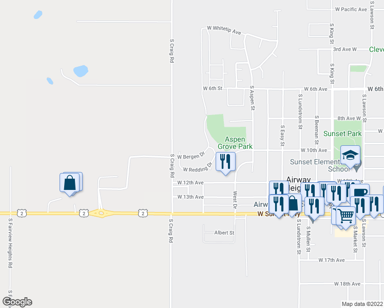 map of restaurants, bars, coffee shops, grocery stores, and more near 13727 West Bergen Drive in Airway Heights
