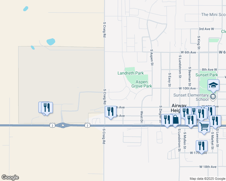 map of restaurants, bars, coffee shops, grocery stores, and more near 13920 West Redding Drive in Airway Heights