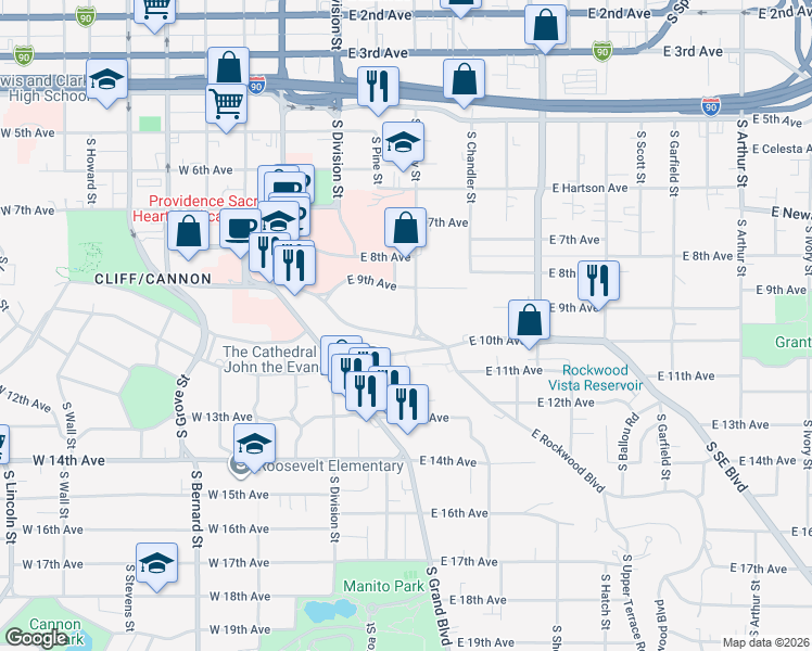 map of restaurants, bars, coffee shops, grocery stores, and more near 939 South Cowley Street in Spokane