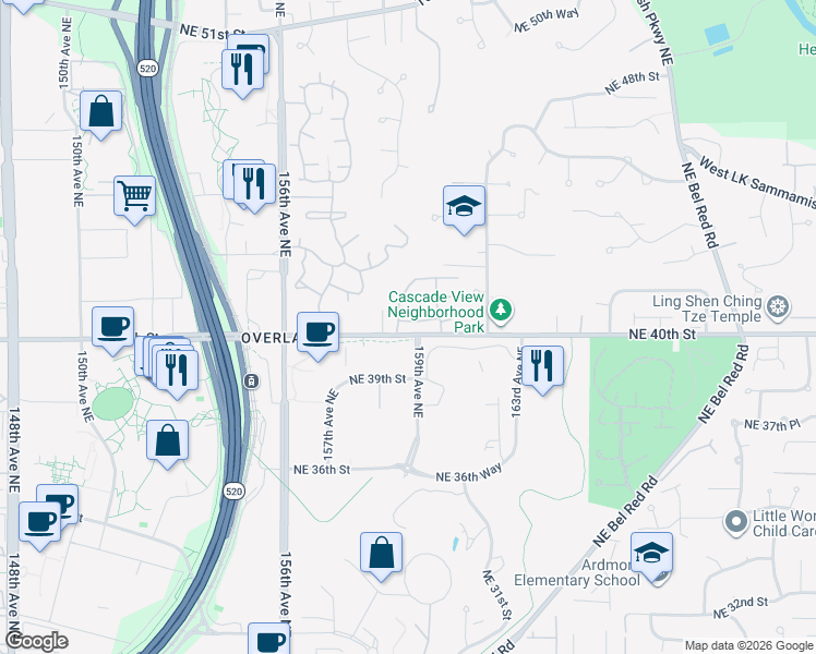 map of restaurants, bars, coffee shops, grocery stores, and more near 15907 Northeast 40th Way in Redmond