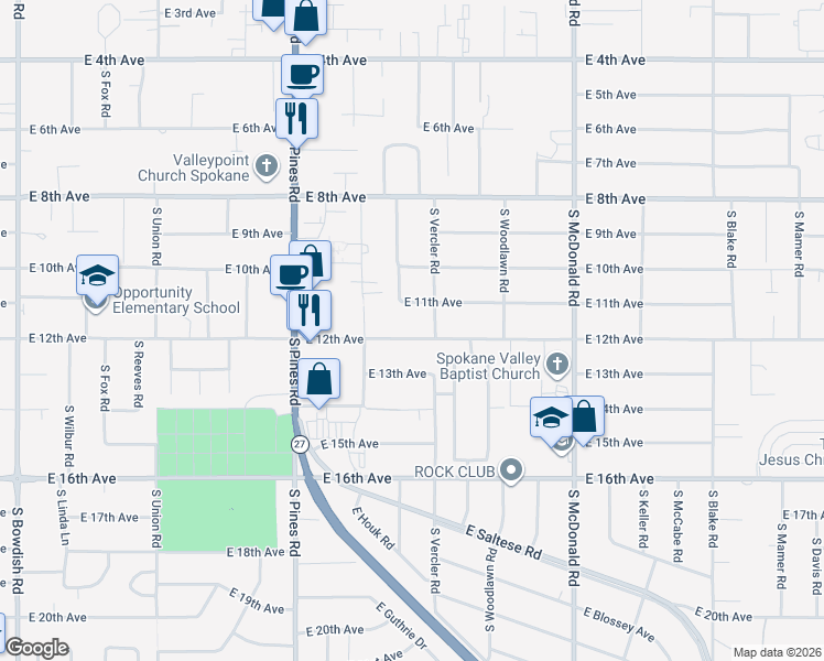 map of restaurants, bars, coffee shops, grocery stores, and more near 12522 East 12th Avenue in Spokane Valley