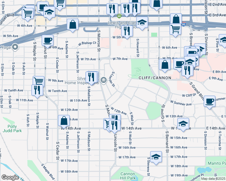 map of restaurants, bars, coffee shops, grocery stores, and more near 808 West 11th Avenue in Spokane