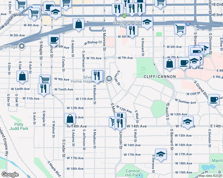map of restaurants, bars, coffee shops, grocery stores, and more near in Spokane