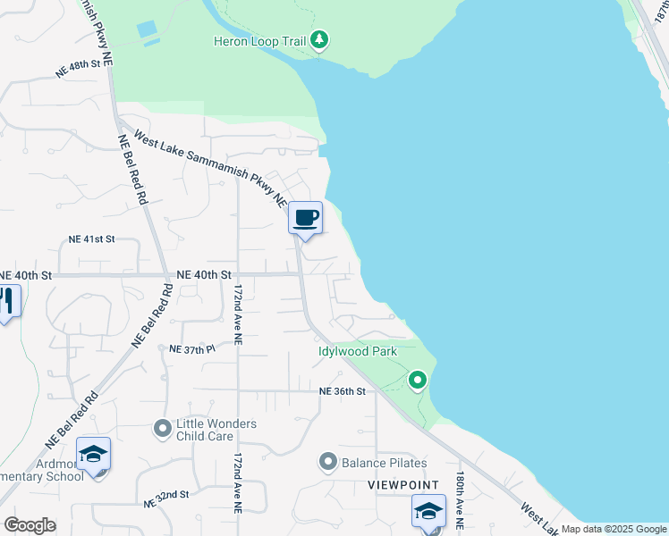 map of restaurants, bars, coffee shops, grocery stores, and more near 4006 West Lake Sammamish Parkway Northeast in Redmond