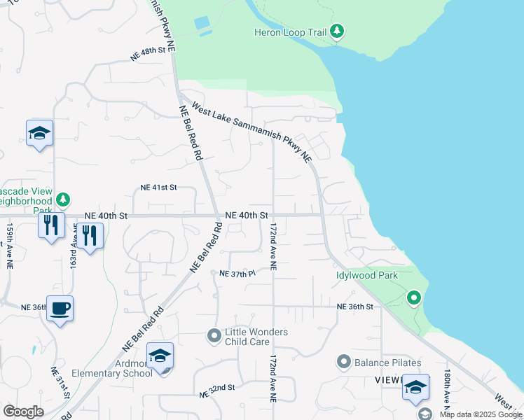 map of restaurants, bars, coffee shops, grocery stores, and more near 3923 171st Place Northeast in Bellevue
