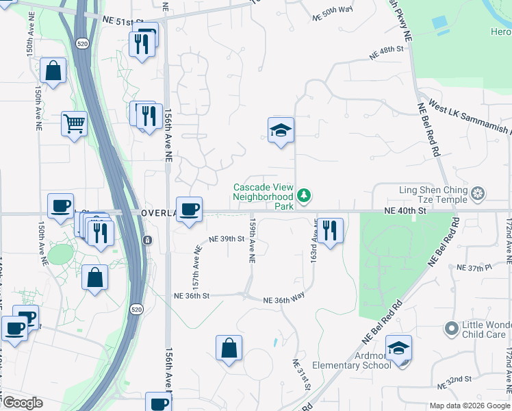map of restaurants, bars, coffee shops, grocery stores, and more near 15907 Northeast 40th Way in Redmond