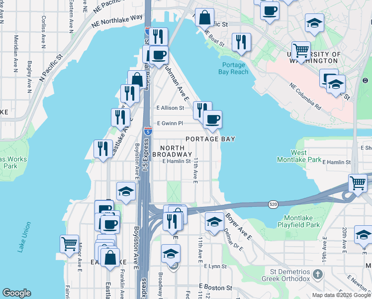 map of restaurants, bars, coffee shops, grocery stores, and more near 2808 10th Avenue East in Seattle