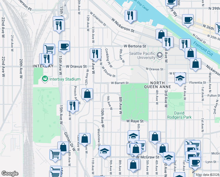 map of restaurants, bars, coffee shops, grocery stores, and more near 820 West Fulton Street in Seattle