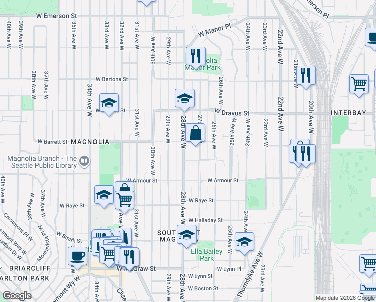 map of restaurants, bars, coffee shops, grocery stores, and more near 2904 28th Avenue West in Seattle