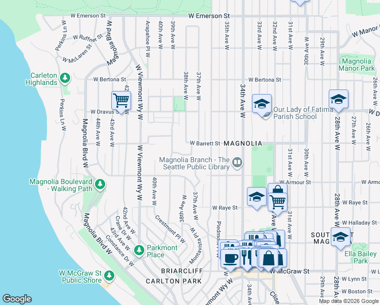 map of restaurants, bars, coffee shops, grocery stores, and more near 3715 West Fulton Street in Seattle