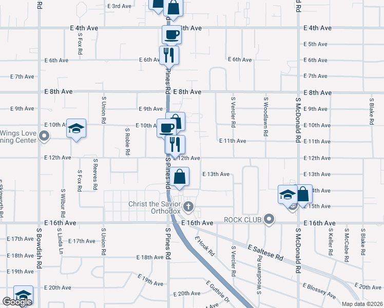 map of restaurants, bars, coffee shops, grocery stores, and more near 12415 East 12th Avenue in Spokane Valley