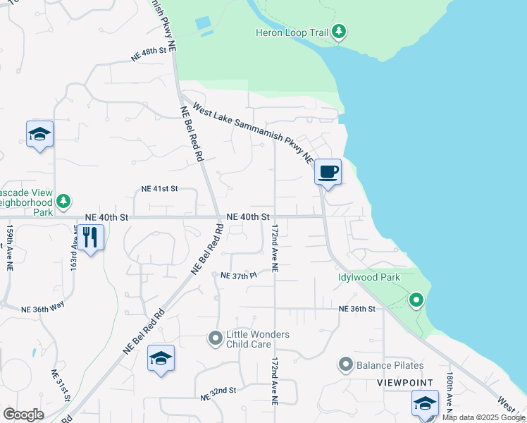 map of restaurants, bars, coffee shops, grocery stores, and more near 3923 171st Place Northeast in Bellevue