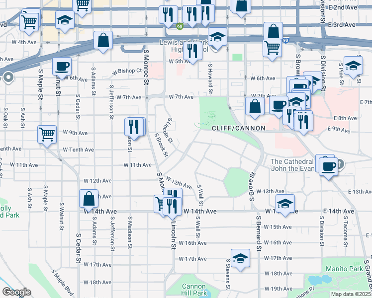 map of restaurants, bars, coffee shops, grocery stores, and more near 783 West Cliff Drive in Spokane