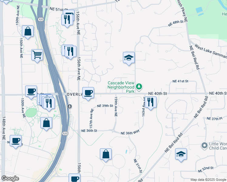 map of restaurants, bars, coffee shops, grocery stores, and more near 15907 Northeast 40th Way in Redmond