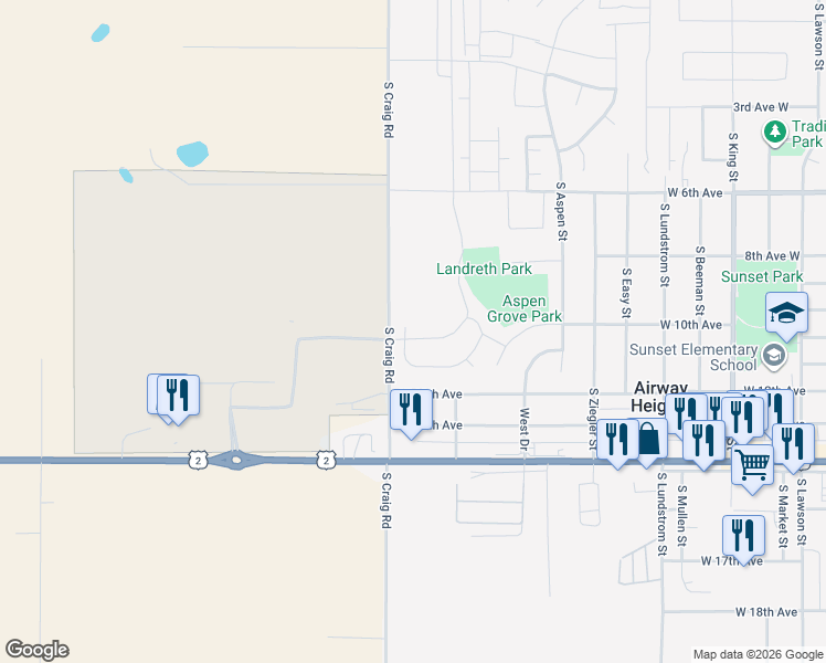 map of restaurants, bars, coffee shops, grocery stores, and more near 13908 West Bergen Drive in Airway Heights