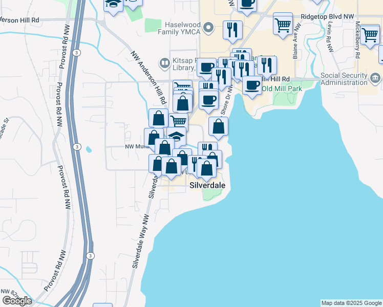 map of restaurants, bars, coffee shops, grocery stores, and more near 3882 Northwest Carlton Street in Silverdale