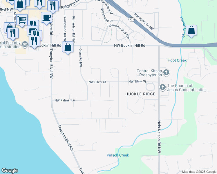 map of restaurants, bars, coffee shops, grocery stores, and more near 9178 Shadowcrest Lane Northwest in Bremerton