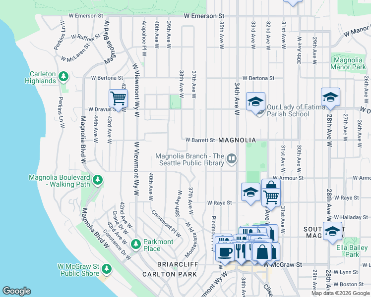 map of restaurants, bars, coffee shops, grocery stores, and more near 3715 West Fulton Street in Seattle