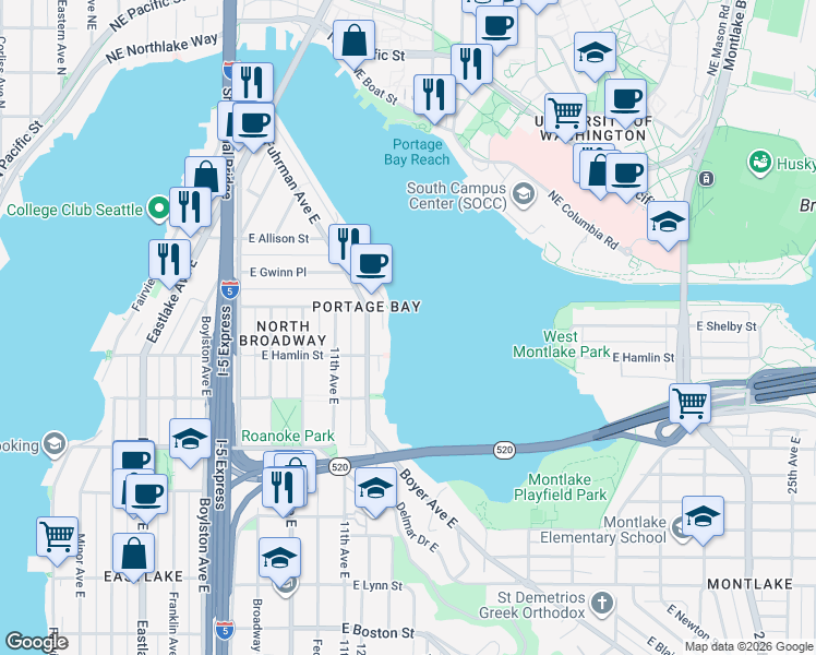map of restaurants, bars, coffee shops, grocery stores, and more near 2822 Boyer Avenue East in Seattle