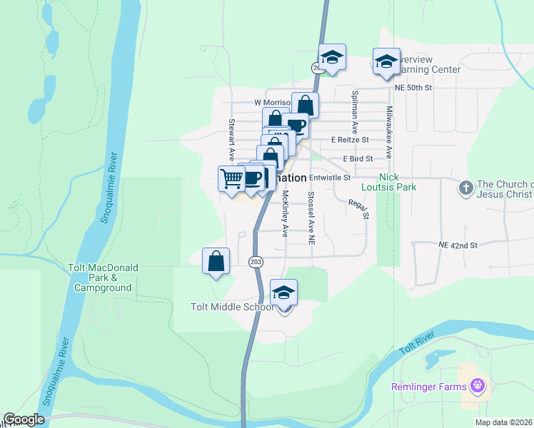 map of restaurants, bars, coffee shops, grocery stores, and more near 4272 Tolt Avenue in Carnation
