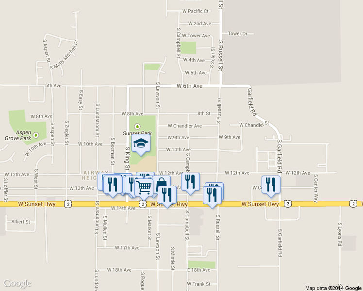 map of restaurants, bars, coffee shops, grocery stores, and more near 12604 West 10th Avenue in Airway Heights