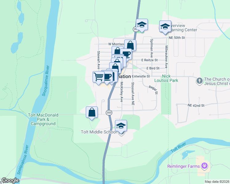 map of restaurants, bars, coffee shops, grocery stores, and more near 4257 McKinley Avenue in Carnation