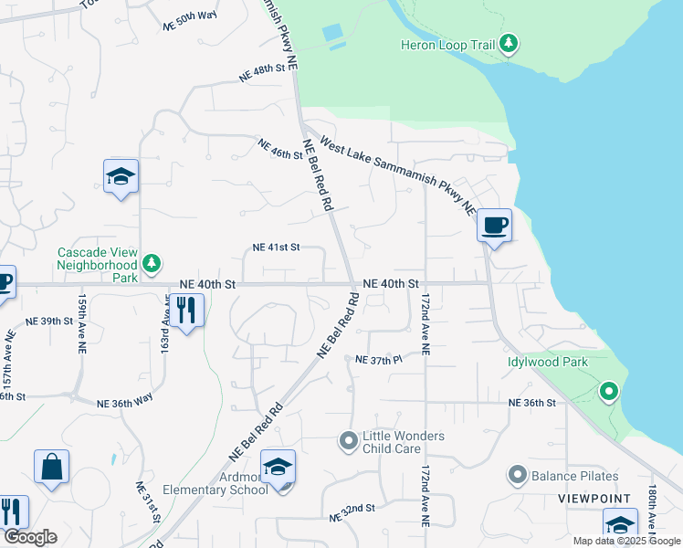 map of restaurants, bars, coffee shops, grocery stores, and more near 4024 168th Avenue Northeast in Redmond