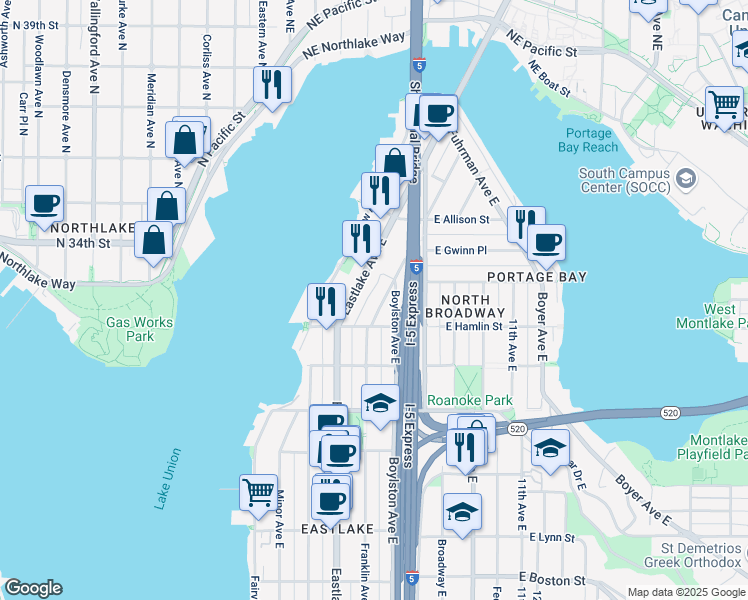map of restaurants, bars, coffee shops, grocery stores, and more near 2810 Eastlake Avenue East in Seattle