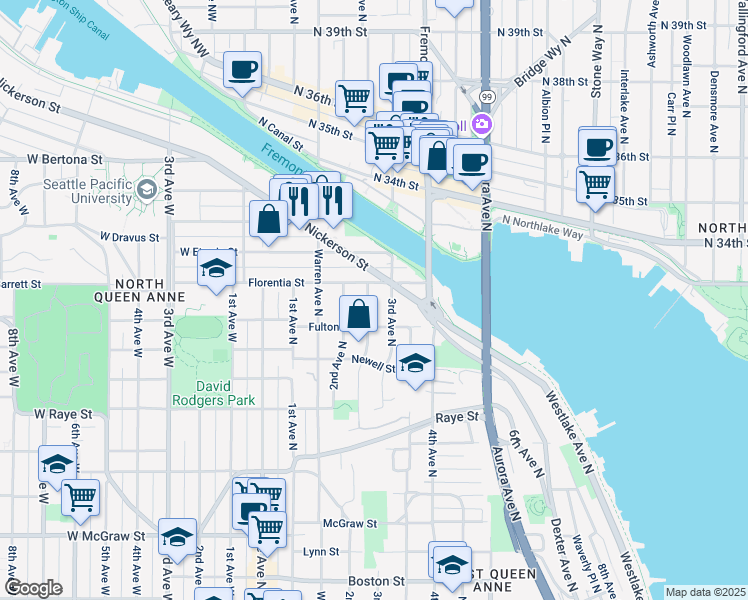 map of restaurants, bars, coffee shops, grocery stores, and more near 2908 Mayfair Avenue North in Seattle