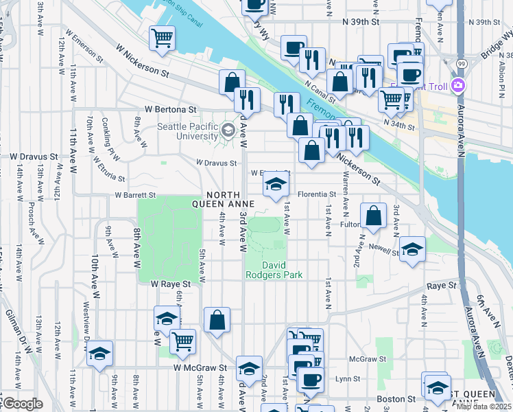 map of restaurants, bars, coffee shops, grocery stores, and more near 2806 3rd Avenue West in Seattle