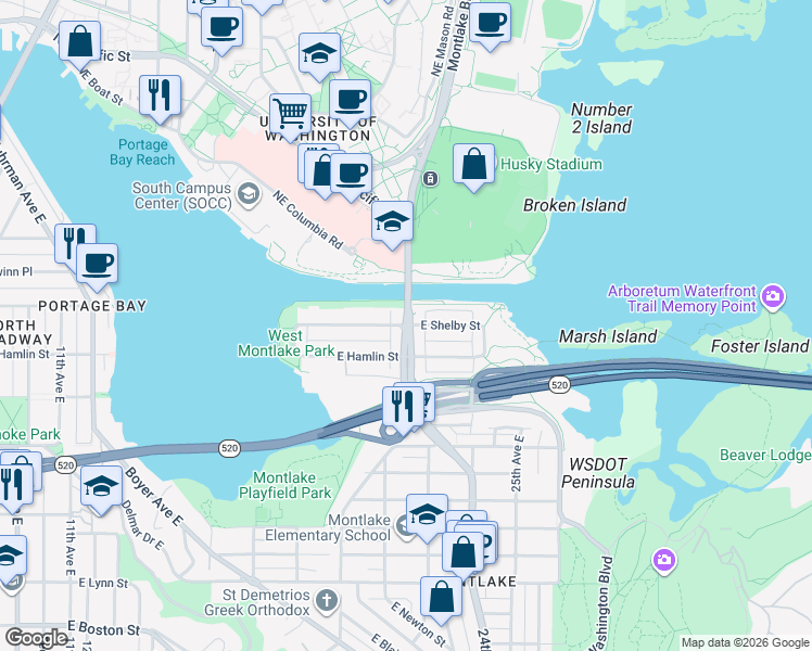 map of restaurants, bars, coffee shops, grocery stores, and more near Montlake Boulevard East & East Shelby Street in Seattle