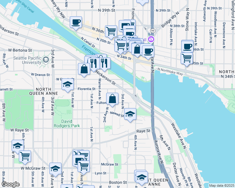 map of restaurants, bars, coffee shops, grocery stores, and more near 2908 Mayfair Avenue North in Seattle